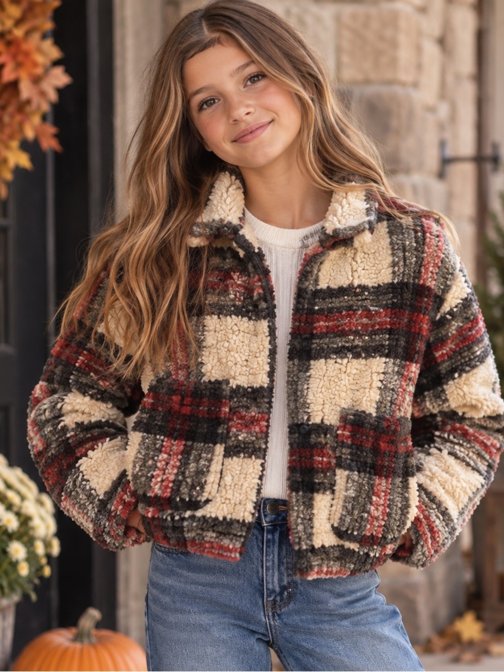 Zara Girls Plaid Wool Blend Teddy Jacket Sherpa 11-12 152 Fall Cozy